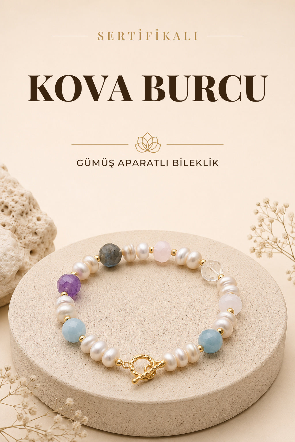 SERTİFİKALI Akuamarin-Ametist-Labradorit-İnci Kova Burç Doğal Taş Gümüş Aparat Bileklik ODT176