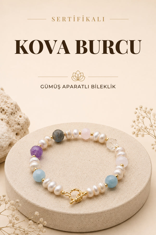 SERTİFİKALI Akuamarin-Ametist-Labradorit-İnci Kova Burç Doğal Taş Gümüş Aparat Bileklik ODT176