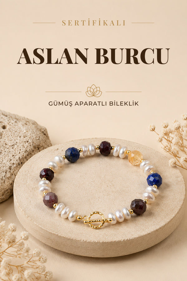 SERTİFİKALI Turmalin-Lapis Lazuli-Sitrin-Lal-İnci Aslan Burcu Doğal Taş Gümüş Aparat Bileklik ODT175