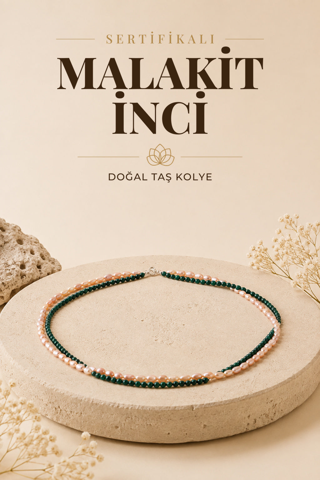 SERTİFİKALI Malahit-İnci Doğal Taş Kolye ODT158