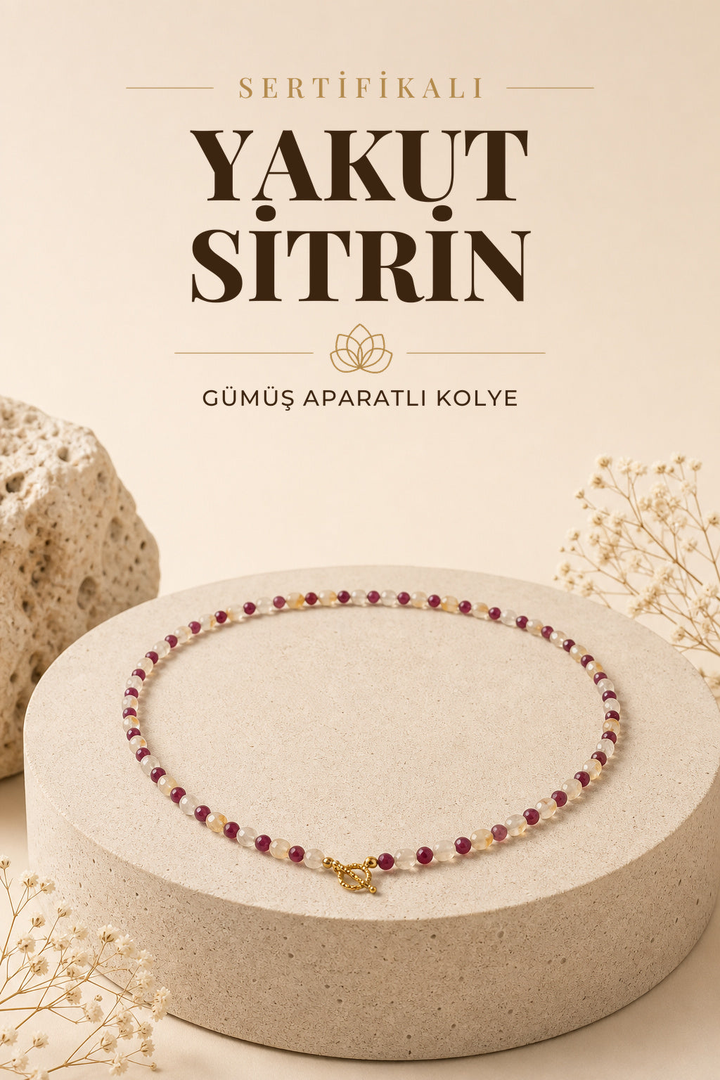 SERTİFİKALI Yakut-Sitrin Doğal Taş Gümüş Aparat Kolye ODT157
