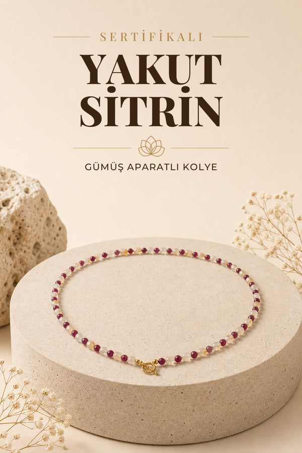 SERTİFİKALI Yakut-Sitrin Doğal Taş Gümüş Aparat Kolye ODT157