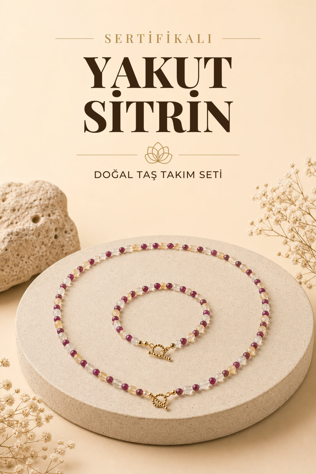 SERTİFİKALI Yakut-Sitrin Doğal Taş Bileklik&Kolye Gümüş Aparatlı Set ODT159
