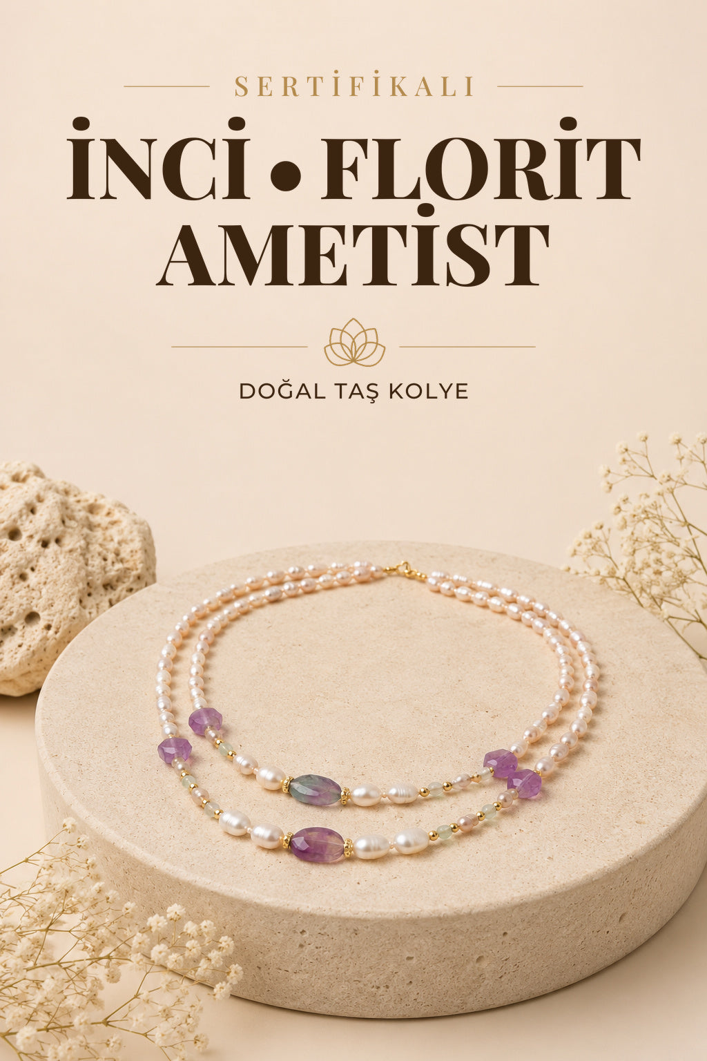 SERTİFİKALI İnci-Florit-Ametist Doğal Taş Kolye ODT156