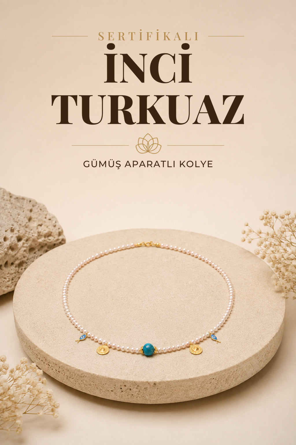 SERTİFİKALI İnci-Turkuaz Doğal Taş Gümüş Aparat Kolye ODT155