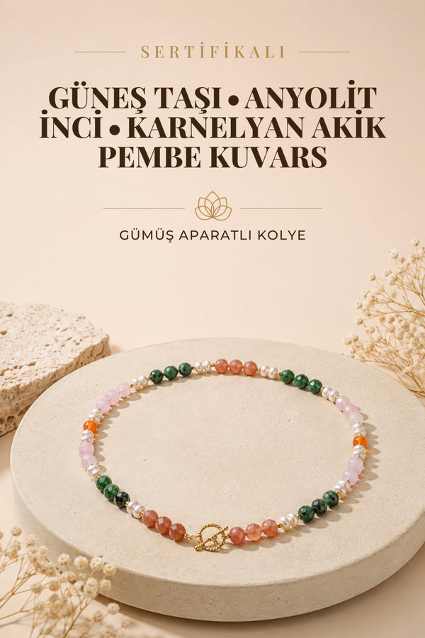 SERTİFİKALI Güneş Taşı-Anyolit-İnci-Karnelyan Akik-Pembe Kuvars Doğal Taş Gümüş Aparat Kolye ODT154
