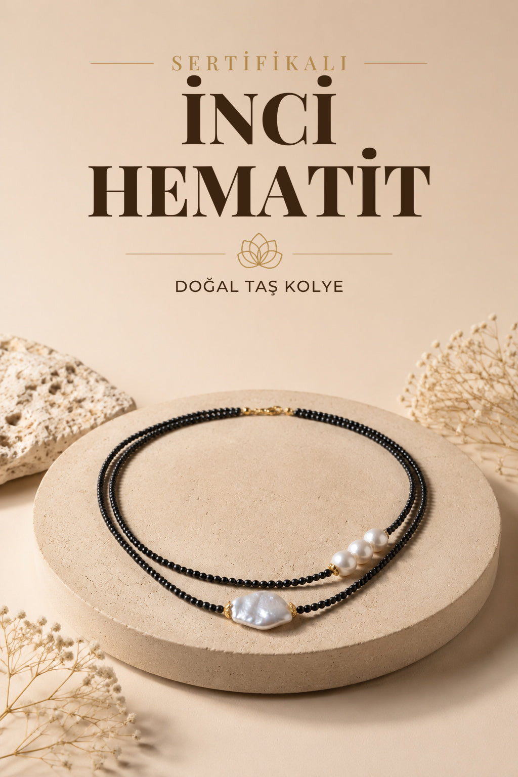 SERTİFİKALI İnci-Hematit Doğal Taş Kolye ODT153