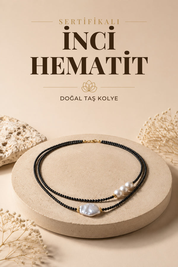 SERTİFİKALI İnci-Hematit Doğal Taş Kolye ODT153