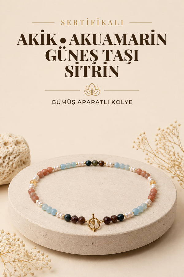 SERTİFİKALI Akik-Akuamarin-Güneş Taşı-Sitrin Doğal Taş Gümüş Aparat Kolye ODT152