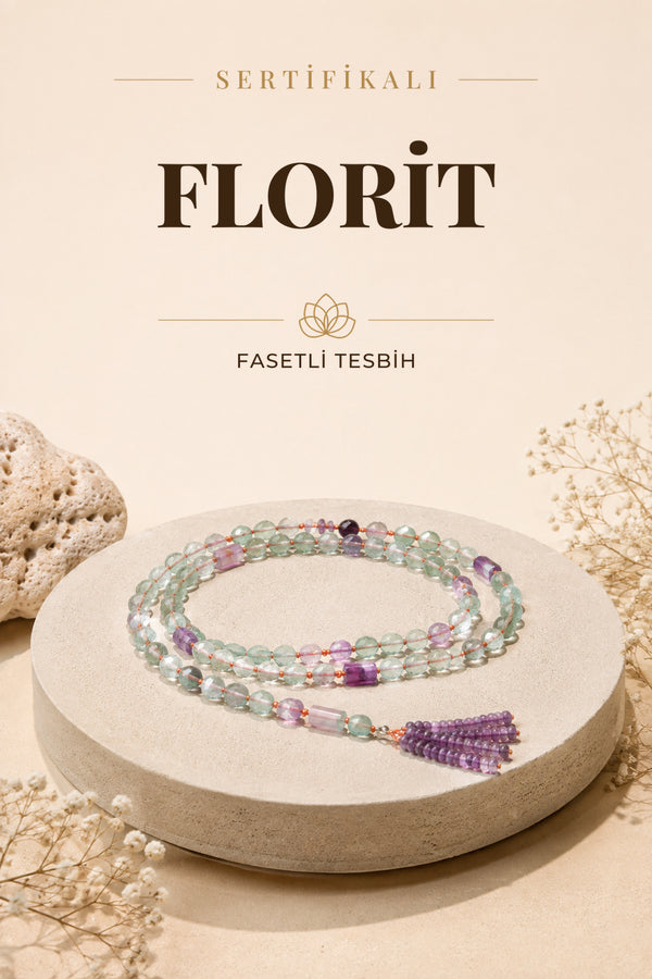 SERTİFİKALI Florit Doğal Taş Fasetli Elmas Kesim Tesbih Kolye ODT150