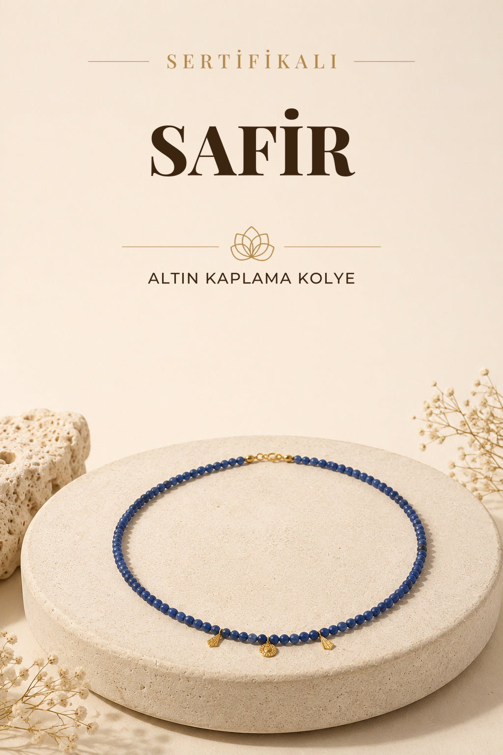 SERTİFİKALI Safir Doğal Taş Altın Kaplama Kolye ODT148