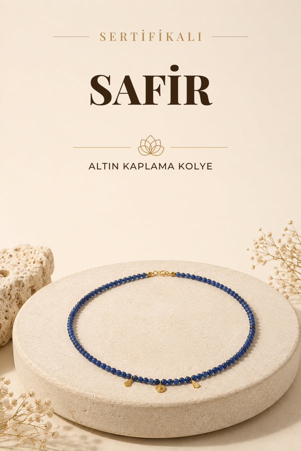 SERTİFİKALI Safir Doğal Taş Altın Kaplama Kolye ODT148