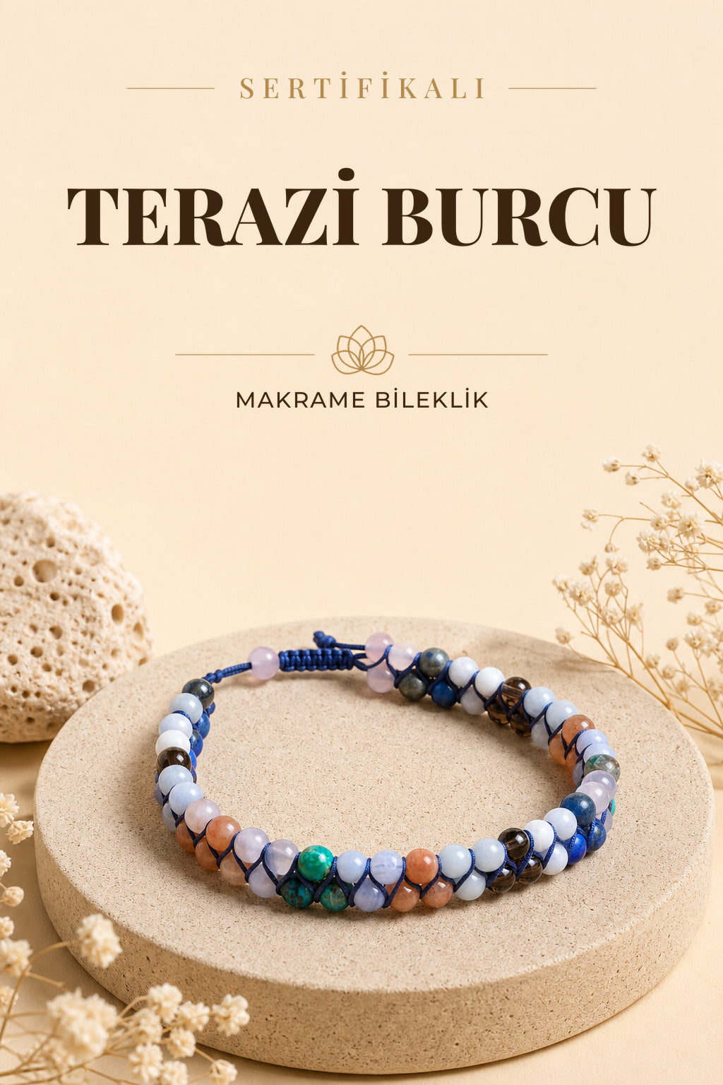 SERTİFİKALI Ay Taşı-Akuamarin-Yeşim-Ametist-Labradorit Terazi Burç Doğal Taş Makrome Bileklik ODT188