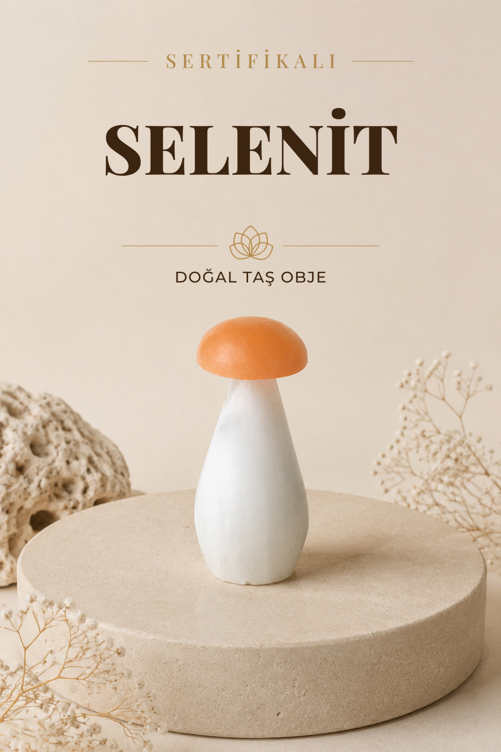 SERTİFİKALI Selenit Doğal Taş Mantar Lamba ODT079