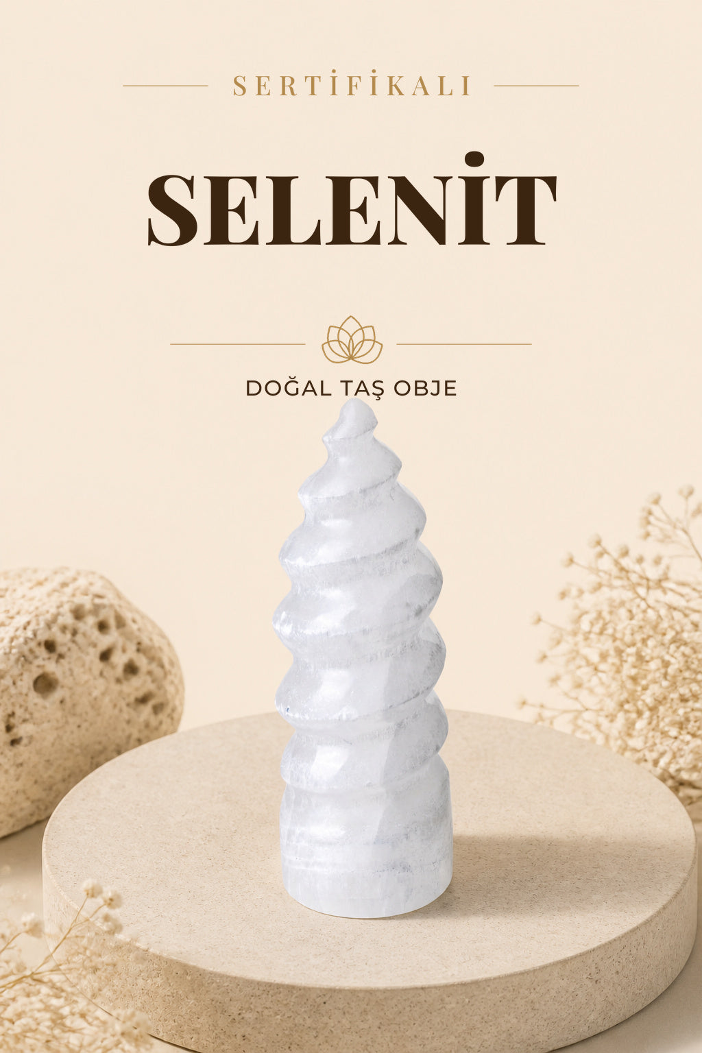 SERTİFİKALI Selenit Spiral Doğal Taş Obje ODT074