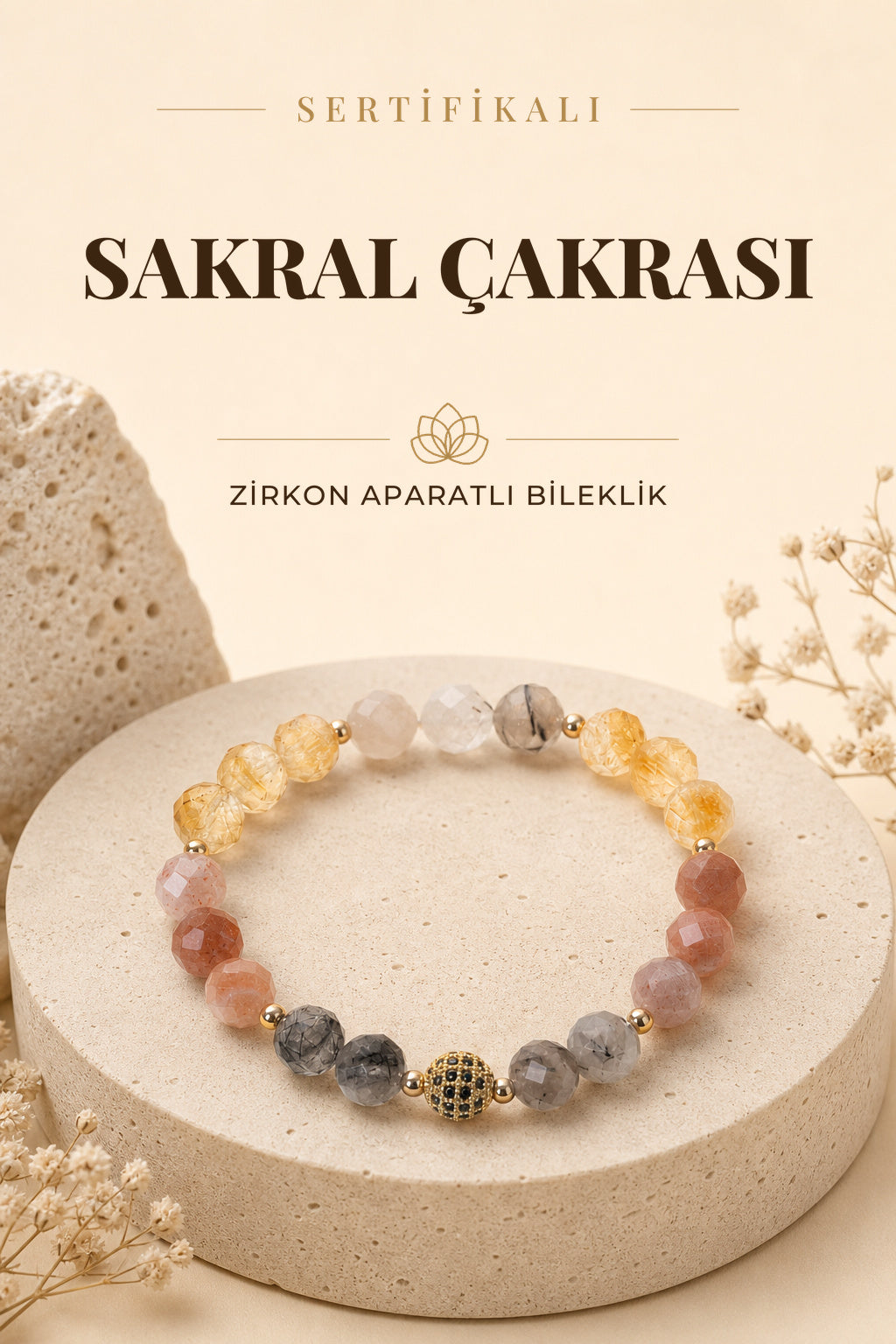 Sertifikalı RUTİLLİ KUVARS-GÜNEŞ TAŞI-SİTRİN Doğal Taş Zirkon Aparat Sakral Çakra Bileklik ODT143