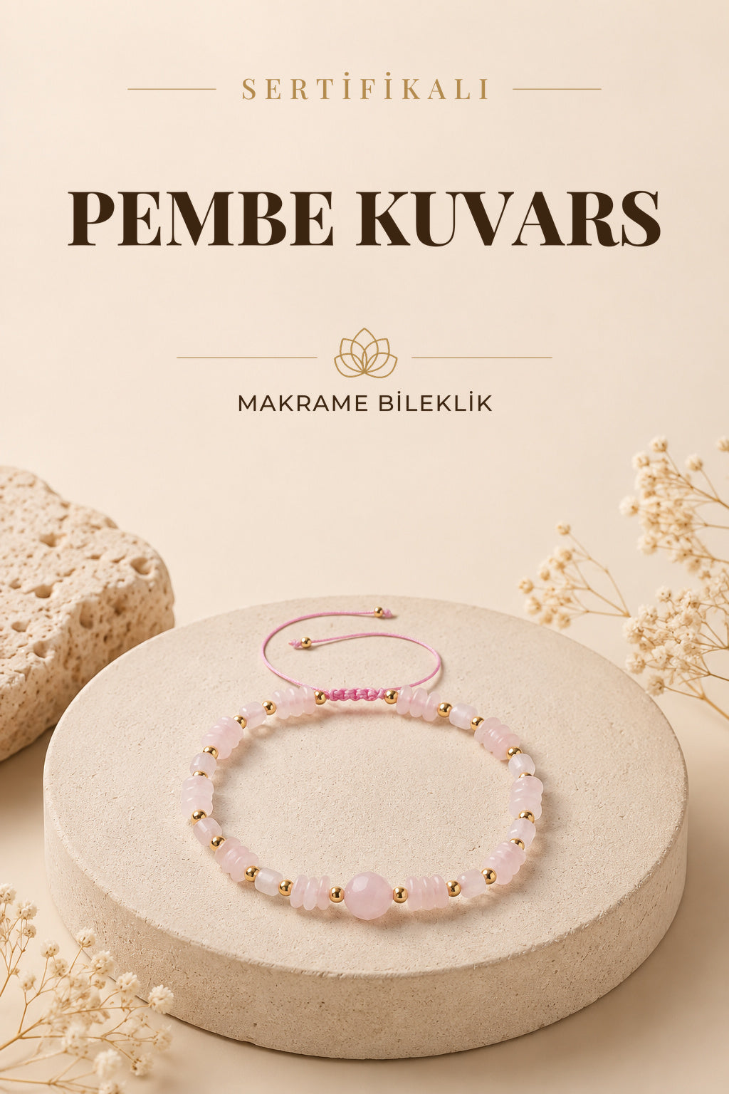 Sertifikalı PEMBE KUVARS Doğal Taş Makrome Bileklik ODT142
