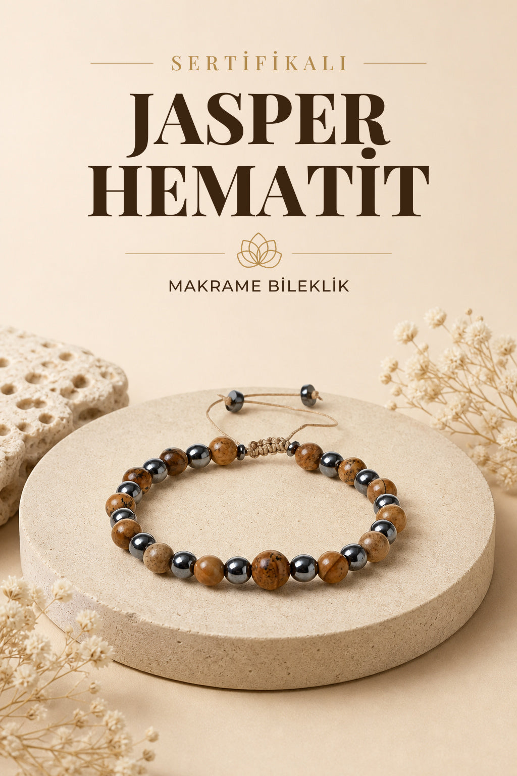 Sertifikalı JASPER & HEMATİT Doğal Taş Makrome Bileklik ODT136