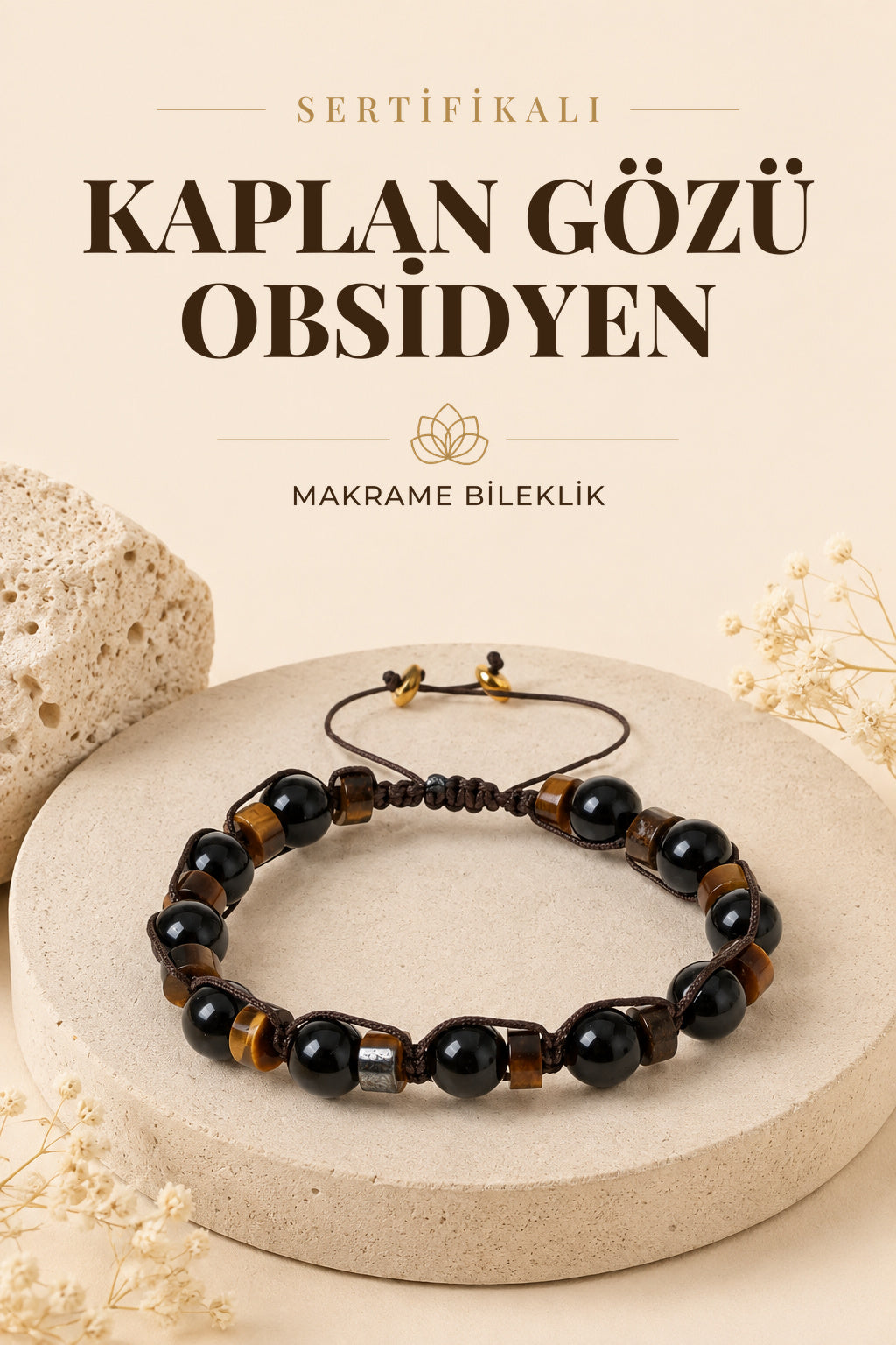 Sertifikalı KAPLAN GÖZÜ & OBSİDYEN Doğal Taş Makrome Bileklik ODT133