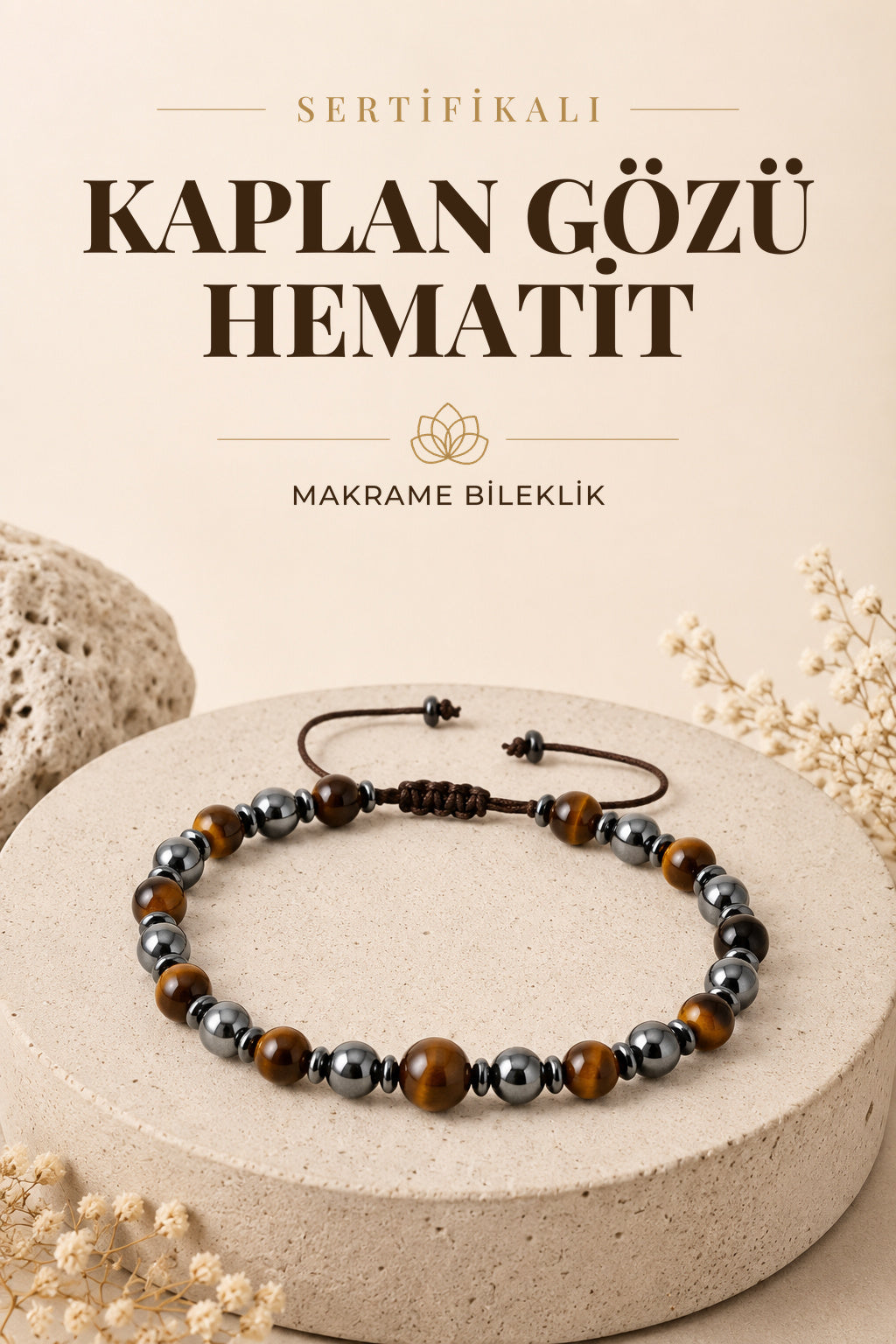 Sertifikalı KAPLAN GÖZÜ & HEMATİT Doğal Taş Makrome Bileklik ODT132