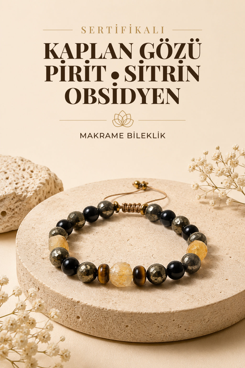 Sertifikalı KAPLAN GÖZÜ-PİRİT-SİTRİN-OBSİDYEN Doğal Taş Makrome Bileklik ODT130