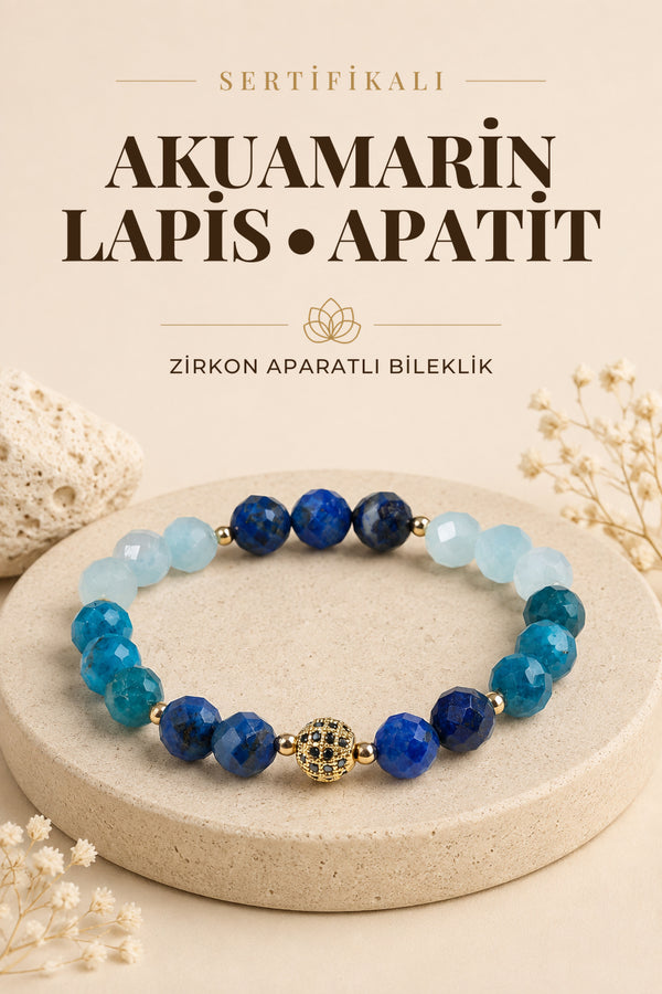 Sertifikalı AKUAMARİN-LAPİS-APATİT Doğal Taş Zirkon Aparatlı Bileklik ODT111