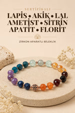 Sertifikalı LAPİS-AKİK-LAL-AMETİST-SİTRİN-APATİT-FLORİT Doğal Taş Zirkon Aparatlı Bileklik ODT109