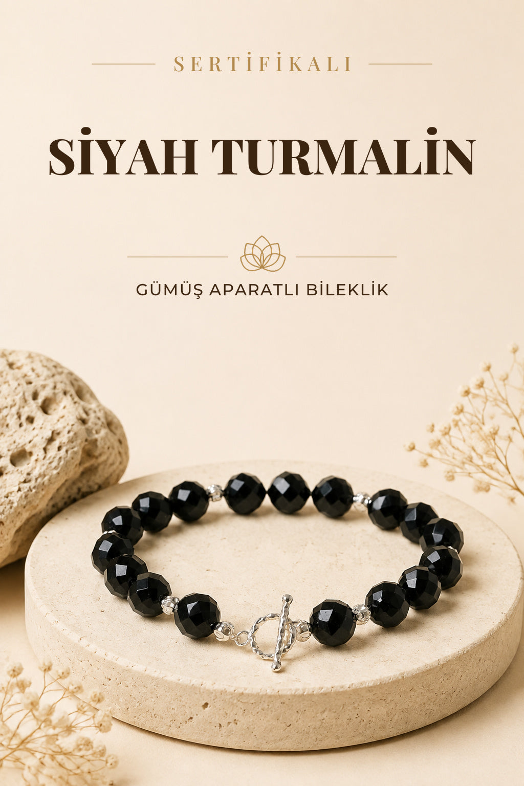 Sertifikalı Siyah Turmalin Doğal Taş 925 Ayar Gümüş Aparatlı Bileklik ODT103