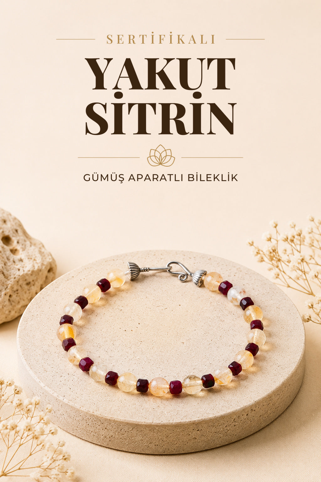 Sertifikalı Yakut-Sitrin Doğal Taş 925 Ayar Gümüş Aparatlı Bileklik ODT100