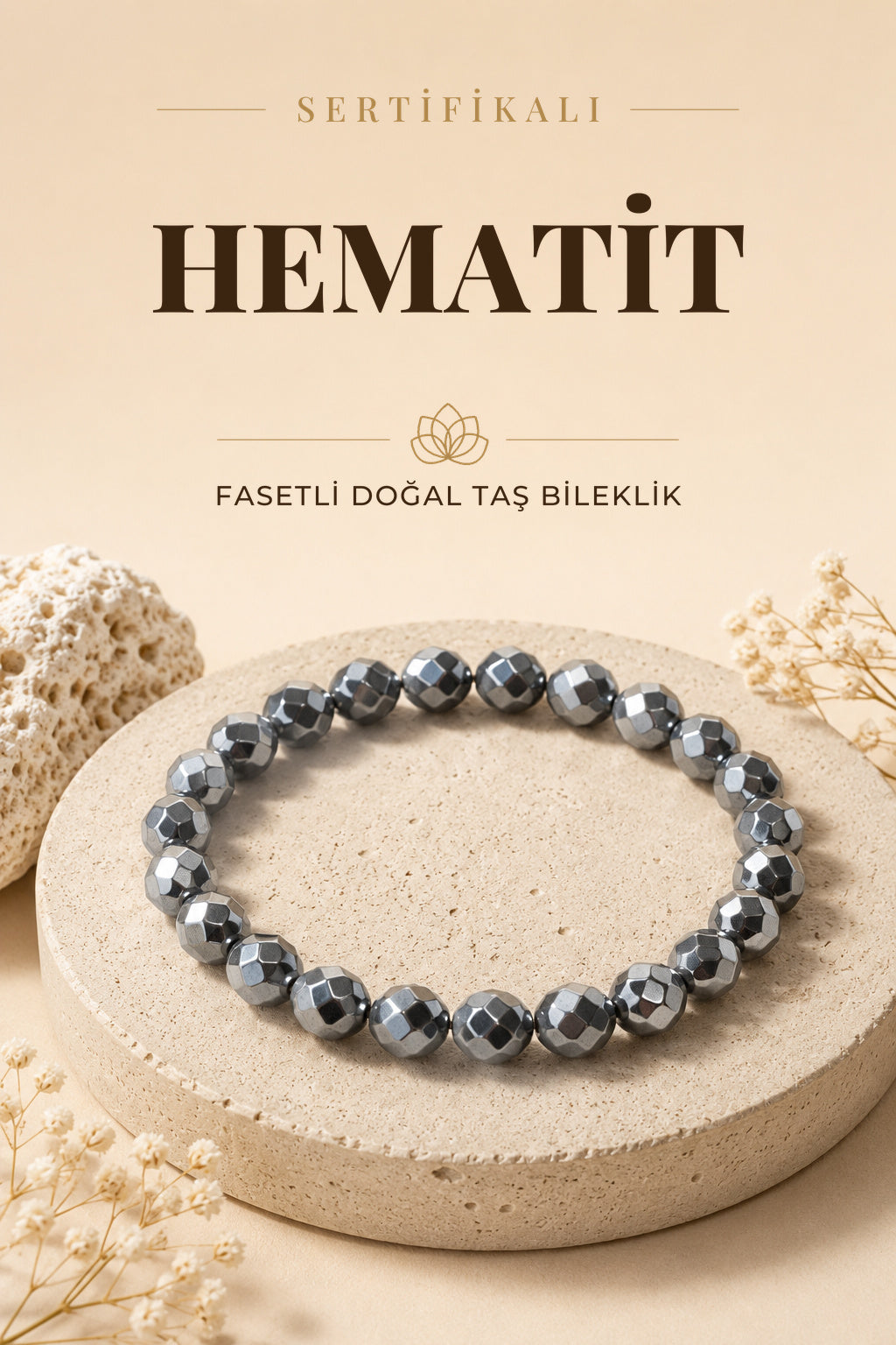 Sertifikalı Hematit Doğal Taş Fasetli Bileklik ODT067