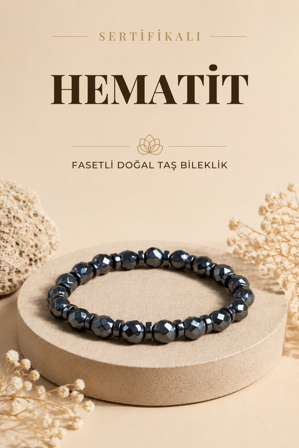 Sertifikalı Hematit Doğal Taş Fasetli Bileklik ODT066