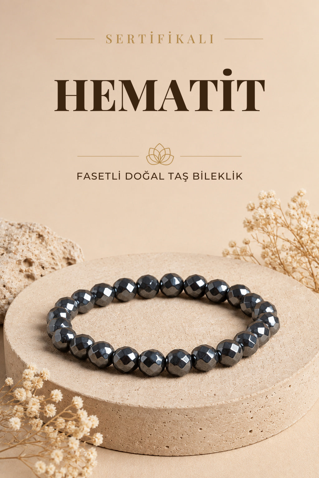 Sertifikalı Hematit Doğal Taş Fasetli Bileklik ODT059