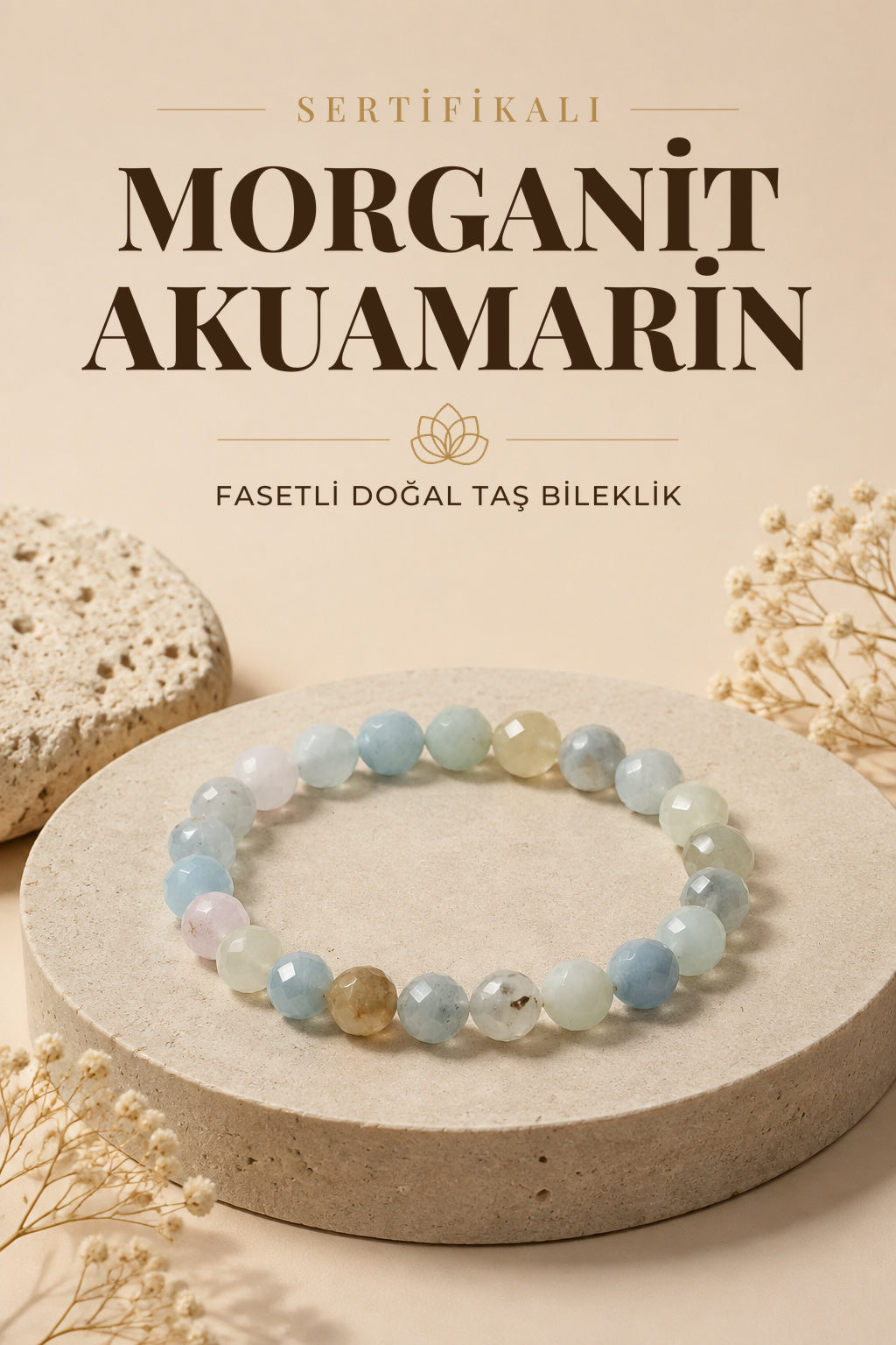 Sertifikalı Morganit-Akuamarin-Helkum Doğal Taş Fasetli Bileklik ODT058