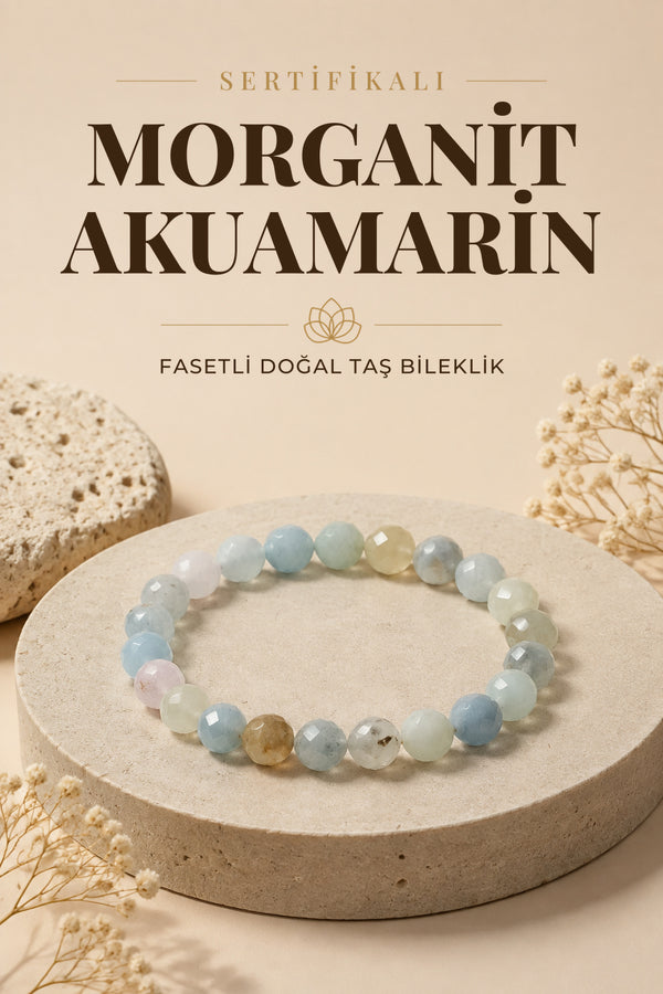 Sertifikalı Morganit-Akuamarin-Helkum Doğal Taş Fasetli Bileklik ODT058