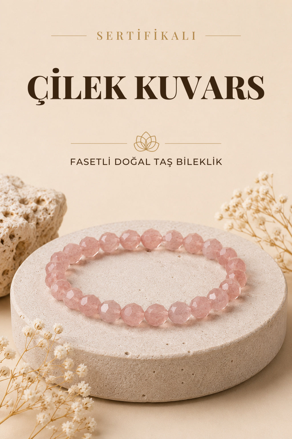 Sertifikalı Çilek Kuvars Doğal Taş Fasetli Bileklik ODT055