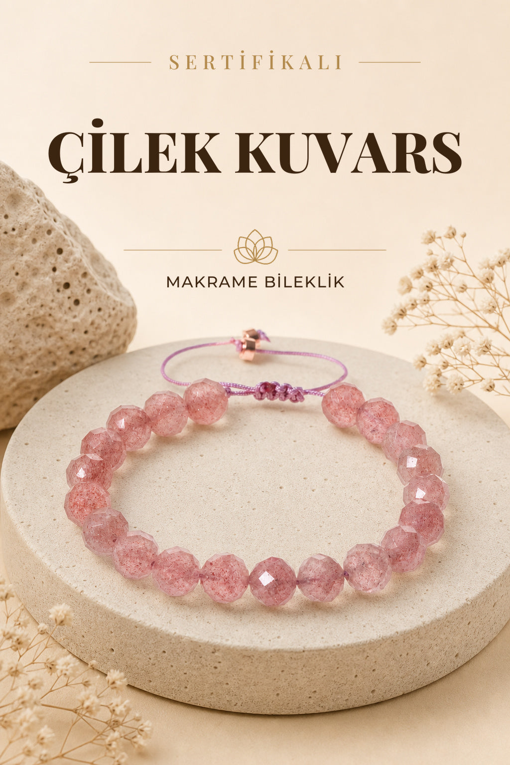 Sertifikalı Çilek Kuvars Doğal Taş Fasetli Makrome Bileklik ODT054