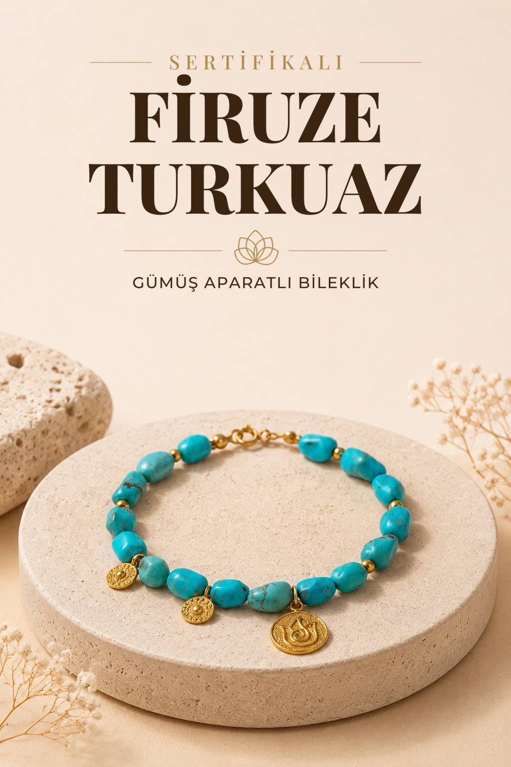 Sertifikalı Firuze(Turkuaz) Doğal Taş Naturel Kesim Gümüş Aparatlı Bileklik ODT052