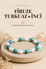 Sertifikalı Firuze(Turkuaz)-İnci Doğal Taş Gümüş Aparatlı Bileklik ODT051