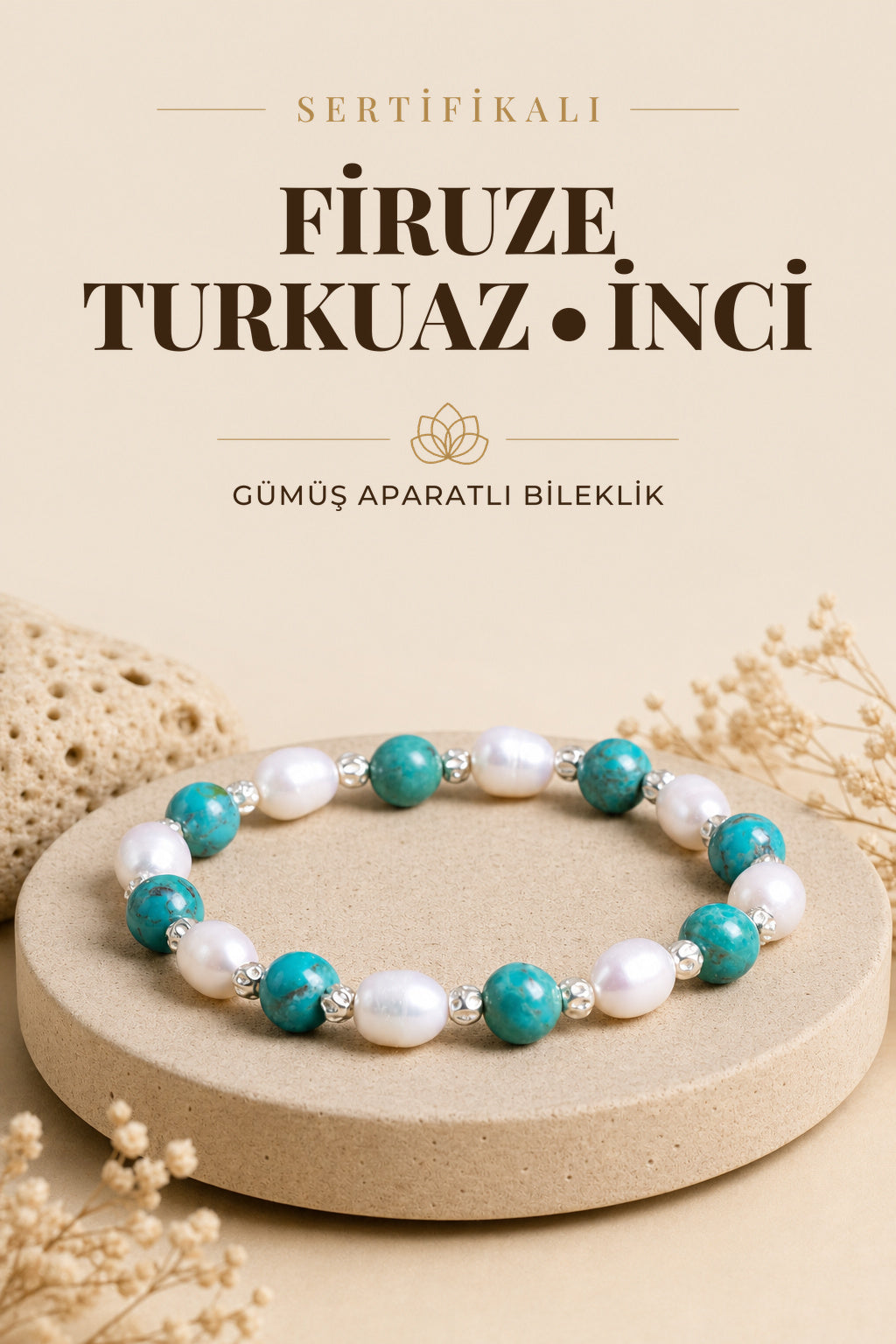 Sertifikalı Firuze(Turkuaz)-İnci Doğal Taş Gümüş Aparatlı Bileklik ODT051