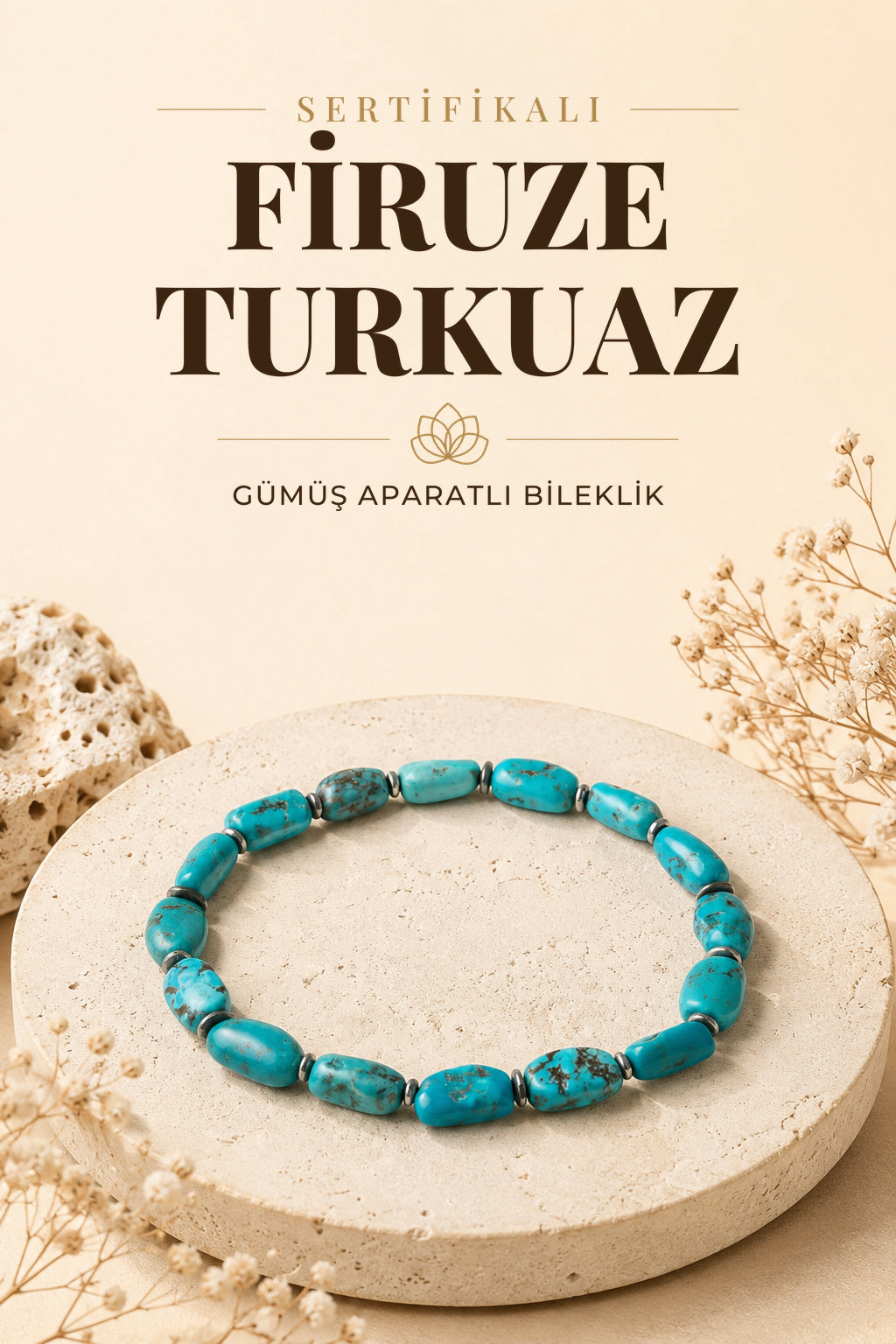 Sertifikalı Firuze(Turkuaz) Doğal Taş Naturel Kesim Gümüş Aparatlı Bileklik ODT046