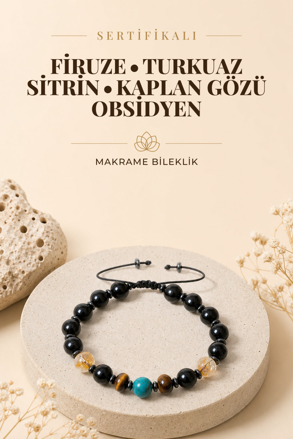 Sertifikalı Firuze(Turkuaz)-Sitrin-Kaplan Gözü-Obsidyen Doğal Taş Makrome Bileklik ODT045