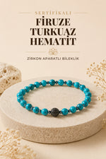 Sertifikalı Firuze(Turkuaz)-Hematit Doğal Taş Zirkon Aparatlı Bileklik ODT044