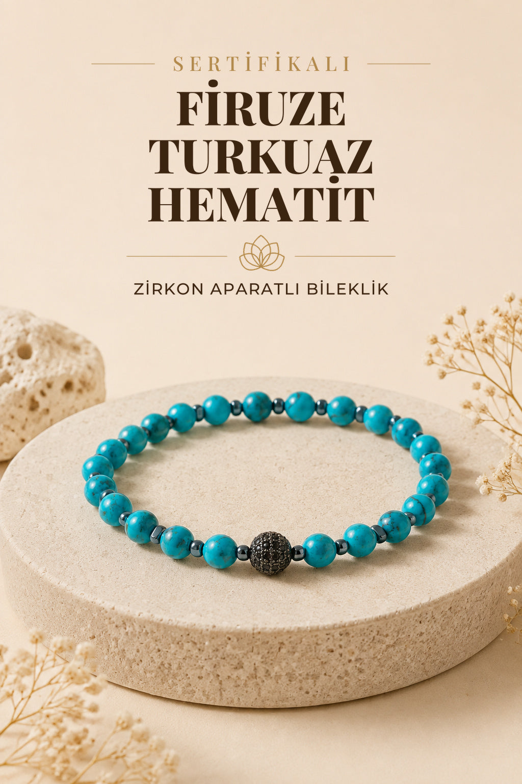 Sertifikalı Firuze(Turkuaz)-Hematit Doğal Taş Zirkon Aparatlı Bileklik ODT044