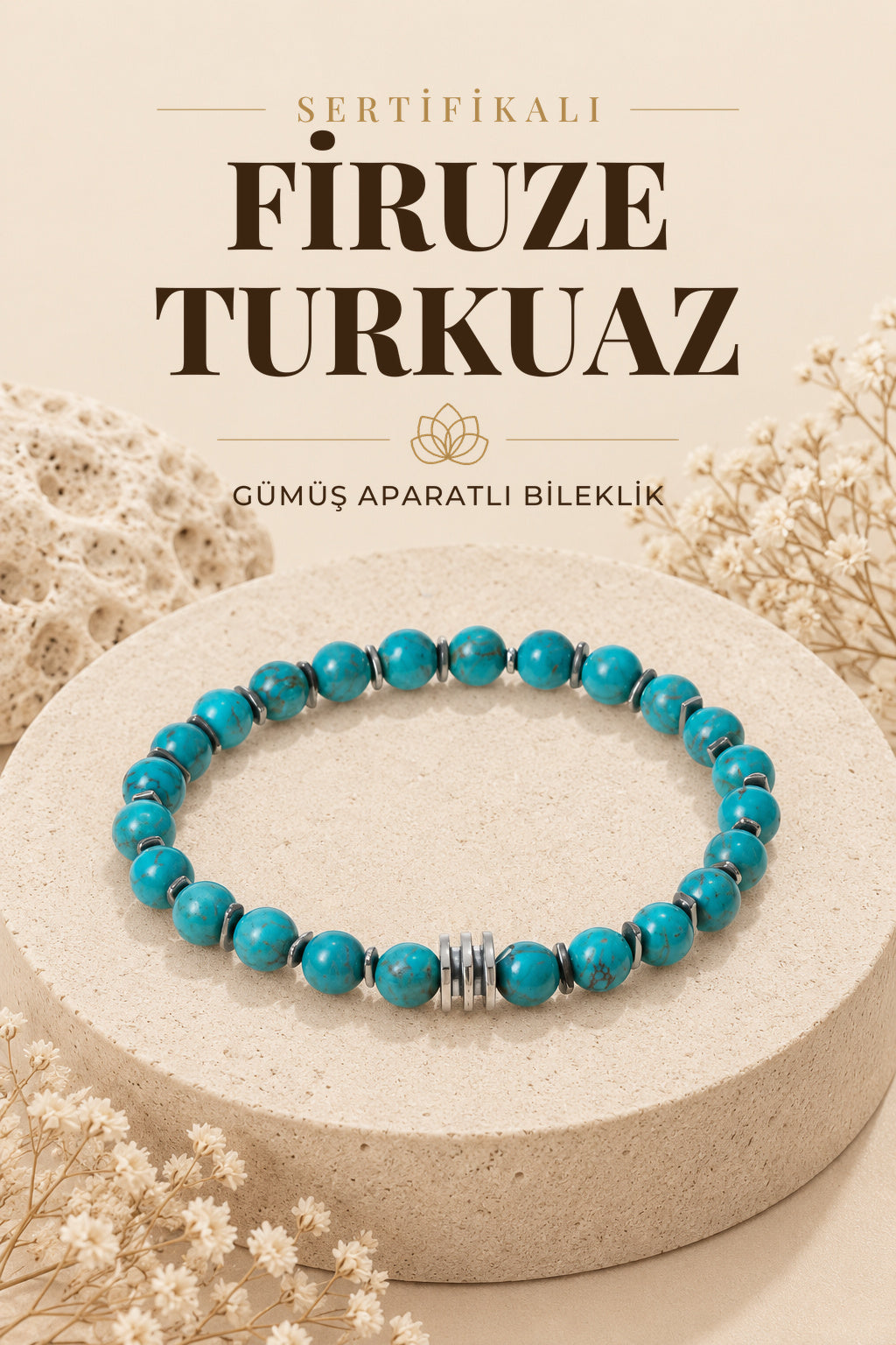 Sertifikalı Firuze(Turkuaz) Doğal Taş Gümüş Aparatlı Bileklik ODT042