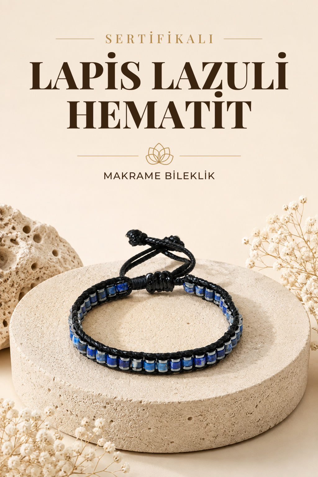 Sertifikalı Lapis Lazuli-Hematit Doğal Taş Makrome Bileklik ODT041