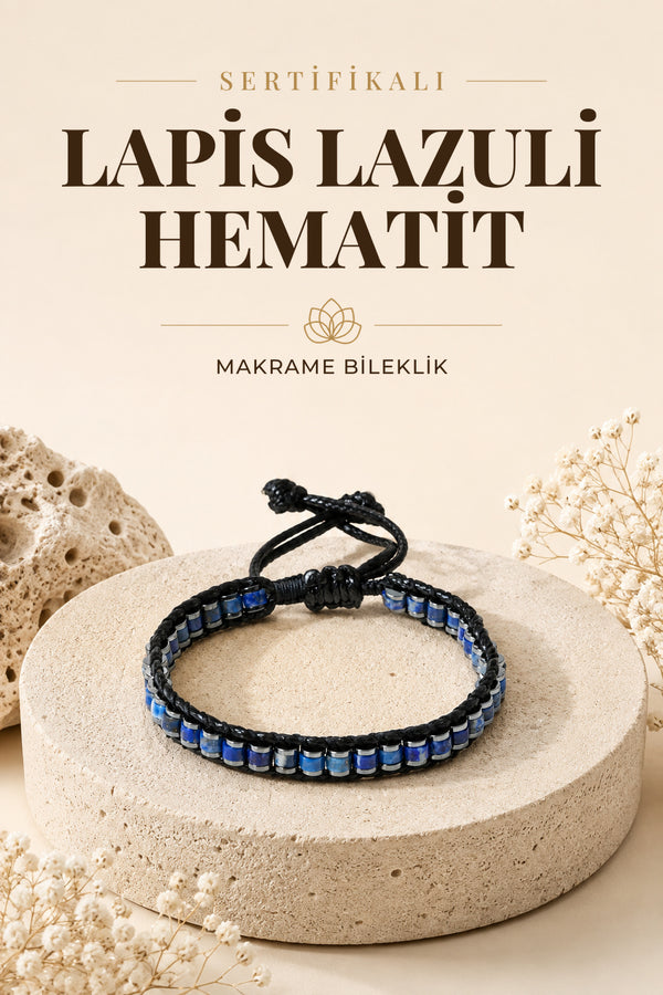 Sertifikalı Lapis Lazuli-Hematit Doğal Taş Makrome Bileklik ODT041