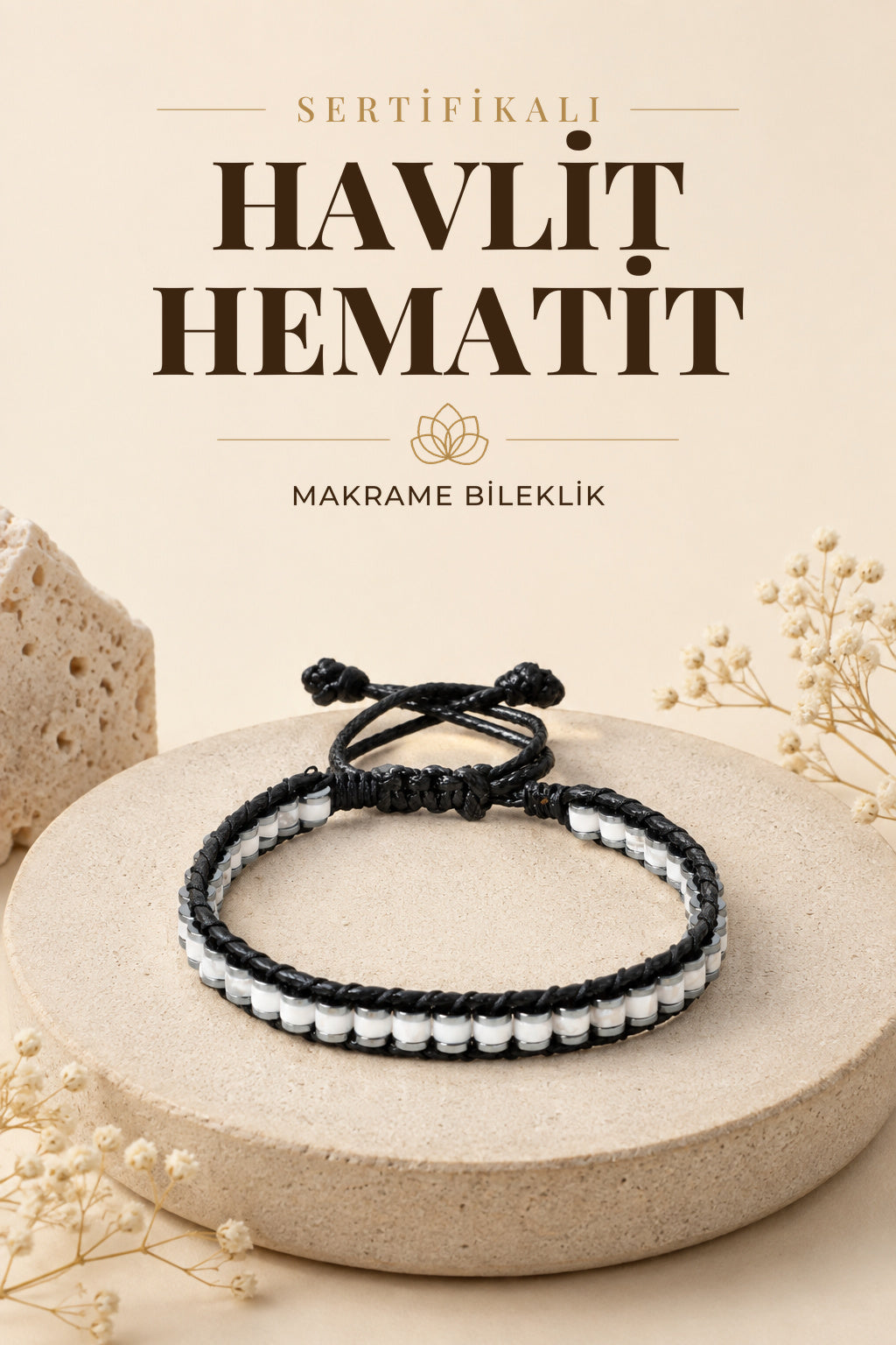 Sertifikalı Havlit-Hematit Doğal Taş Makrome Bileklik ODT039
