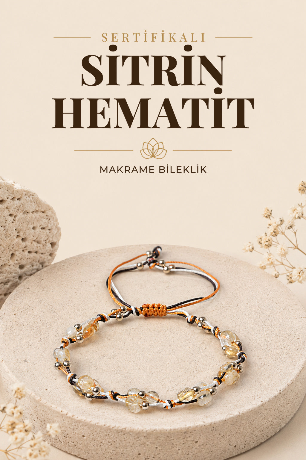 Sertifikalı Sitrin-Hematit Doğal Taş Makrome Bileklik ODT036