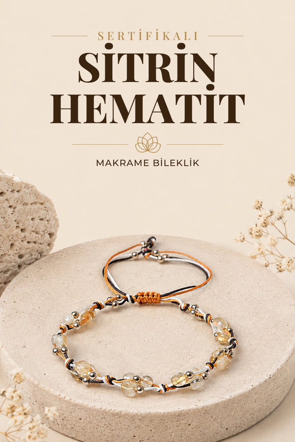 Sertifikalı Sitrin-Hematit Doğal Taş Makrome Bileklik ODT036