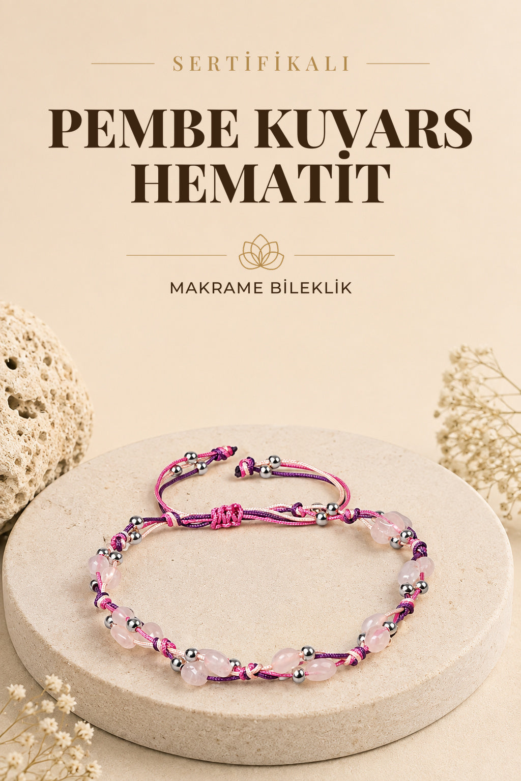 Sertifikalı Pembe Kuvars-Hematit Doğal Taş Makrome Bileklik ODT034